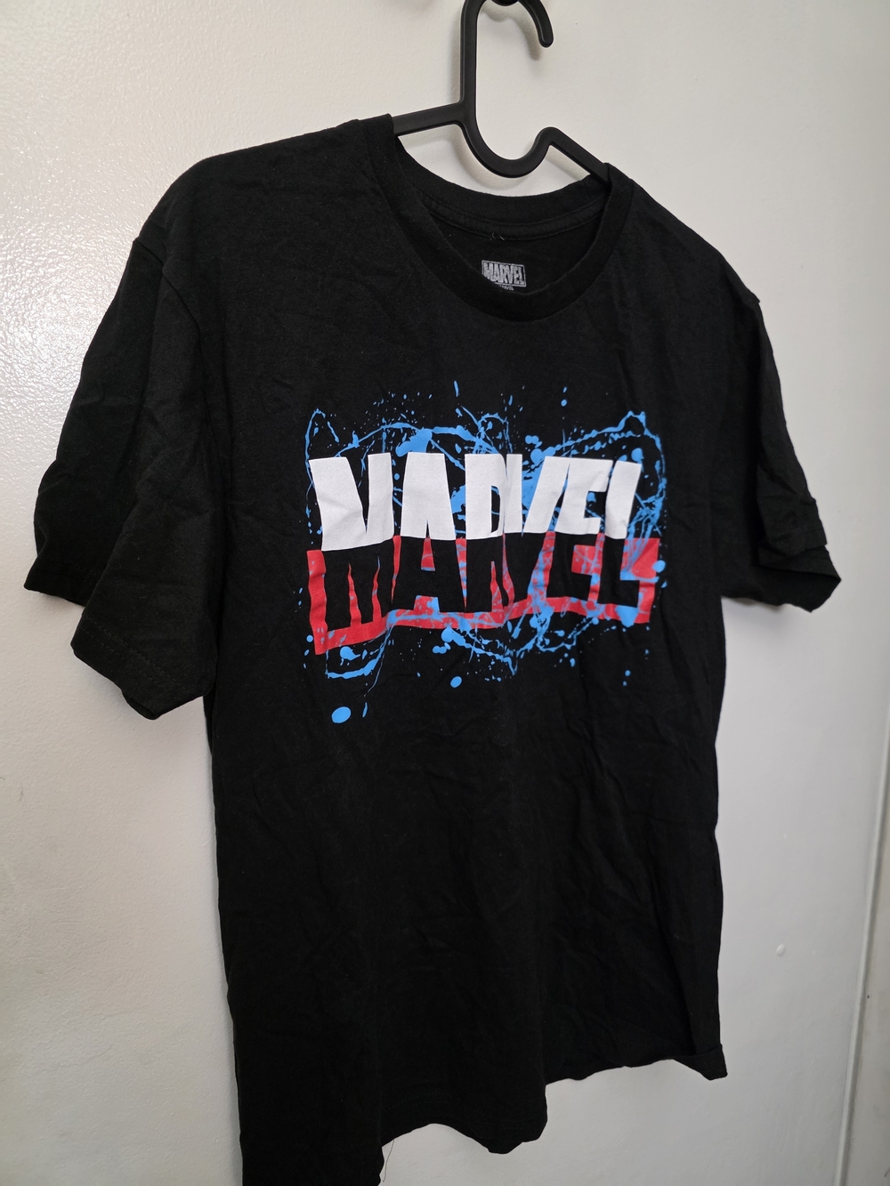Marvel Black Graphic Logo Tee with Red, White & Blue Splash